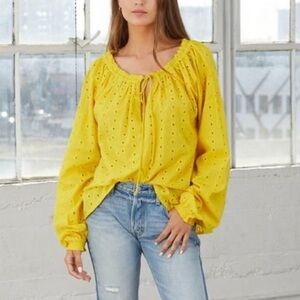 Cleobella Yellow Eyelet Peasant Top Oversized Tie Chest Side Slits M